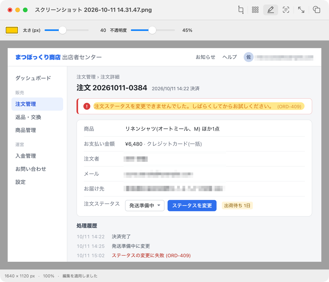 注文画面を開いたCandy。エラーメッセージに蛍光ペンが引かれ、顧客情報はモザイクで隠されています