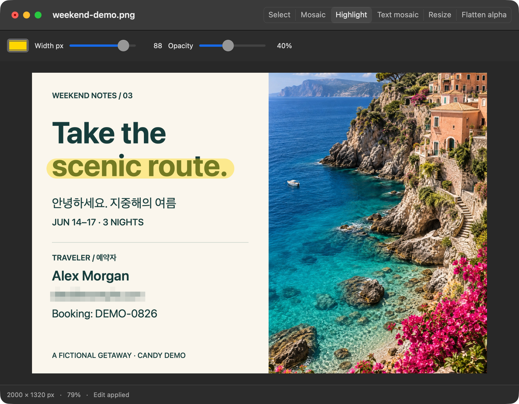 Candy’s native editor with a yellow highlight drawn across the sample image’s headline